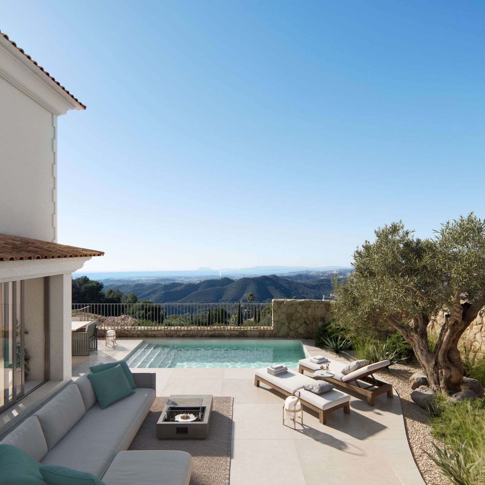 Piscine de luxe et espace de vie extérieur avec vue imprenable.