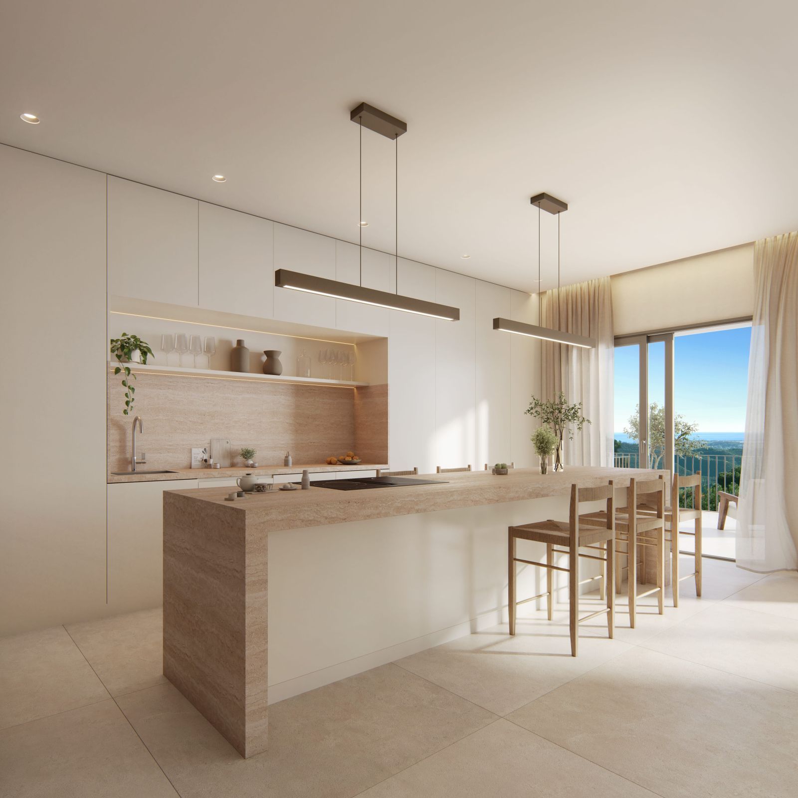 Cuisine moderne avec îlot et vue